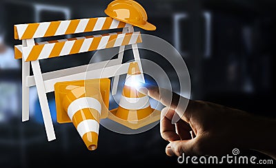 Businessman using digital 3D rendering under construction signs Stock Photo