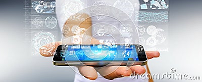 Businessman using digital screens with holograms datas 3D render Stock Photo