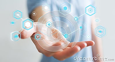 Businessman using digital screens with holograms datas 3D render Stock Photo