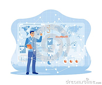 Businessman using a digital tablet with a network connection link on the screen. Vector Illustration