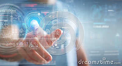 Businessman using digital technological interface with datas 3D rendering Stock Photo