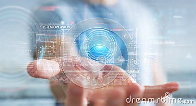 Businessman using digital technological interface with datas 3D rendering Stock Photo