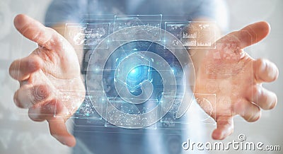 Businessman using digital technological interface with datas 3D rendering Stock Photo