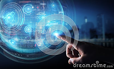 Businessman using digital technological interface with datas 3D rendering Stock Photo