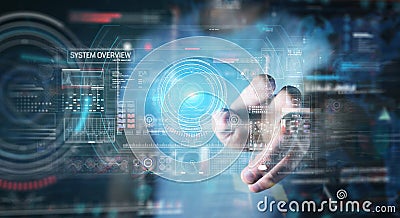 Businessman using digital technological interface with datas 3D rendering Stock Photo