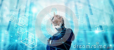 Businessman using fingerprint identification to access personal blockchain data. Idea for E-kyc electronic know your customer, Stock Photo