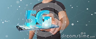 Businessman using 5G network with mobile phone 3D rendering Stock Photo