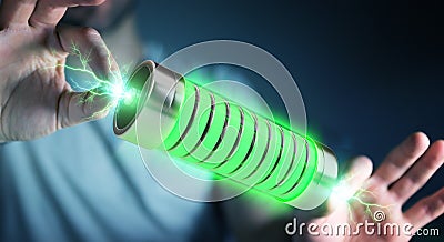 Businessman using green battery with lightnings 3D rendering Stock Photo