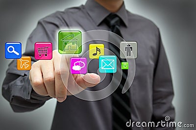 Businessman using hightech touchscreen interface Stock Photo