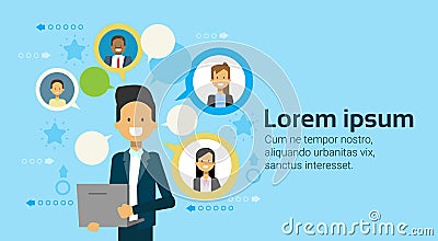 Businessman Using Laptop Computer Communicating With Businesspeople Team, Business People Networking Concept Vector Illustration