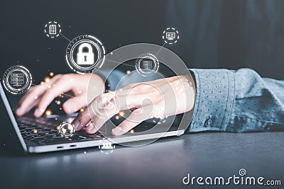 businessman using laptop, the concept of transferring, uploading, and downloading data, cloud computing technology transformation Stock Photo