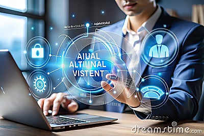 Businessman using laptop, interacting with digital interface showing AI, security, and user data Stock Photo