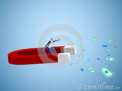 Businessman using magnet collecting money. Investment and rich concept Vector Illustration