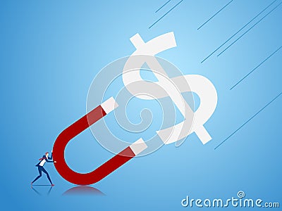 Businessman using magnet collecting money. Investment and rich concept. Vector Illustration