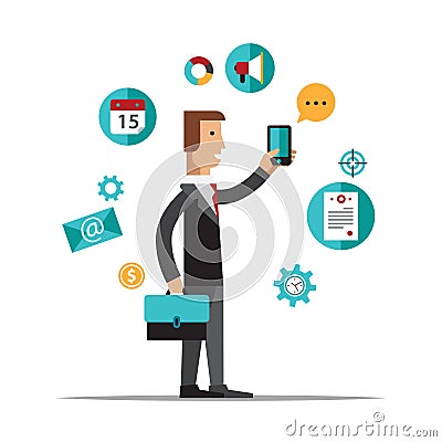 Businessman using mobile phone for business Vector Illustration