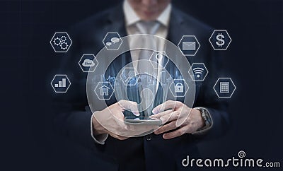 Businessman using mobile smart phone and application icons. Mobile application, social media and e-commerce technology Stock Photo