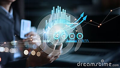 Businessman using mobile smartphone analyzing sales data and business growth graph chart. Digital marketing. Stock Photo