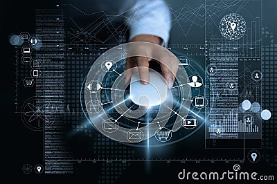 Businessman using mouse payments online shopping and icon customer network connection on global information background, m-banking Stock Photo