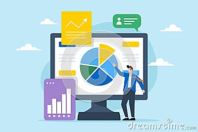 Businessman using resource planning software to analyze pie chart, illustrating managing projects and resources using ERP Stock Photo