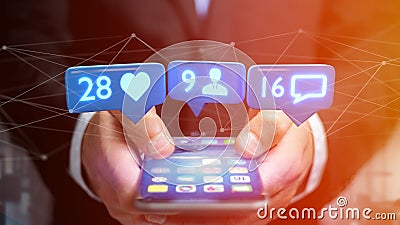 Businessman using a smartphone with a Like, Follower and message notification on social network - 3d render Stock Photo