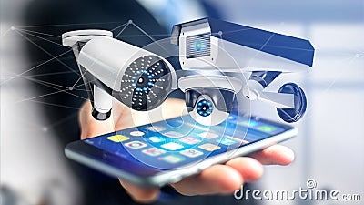 Businessman using a smartphone with a Security camera system and Stock Photo