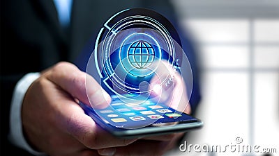 Businessman using a smartphone with a Shinny technologic globe button - 3d render Stock Photo