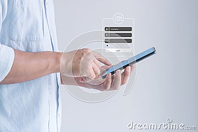 Businessman using smartphone to access mobile applications to validate password for biometric two steps authentication Stock Photo
