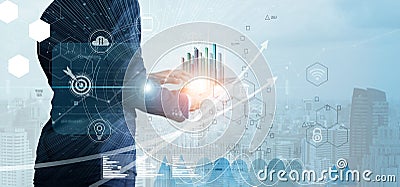 Businessman using tablet analyzing sales data and economic growth graph chart. Business strategy. Abstract icon. Digital marketing Stock Photo