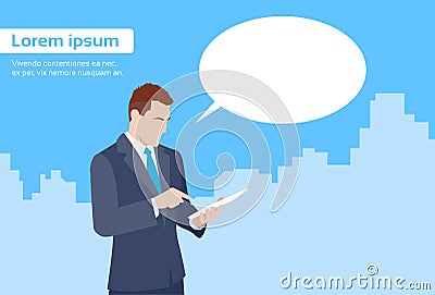 Businessman Using Tablet Computer Send Message Vector Illustration