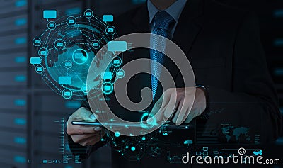 businessman using tablet computer shows internet and social network Stock Photo