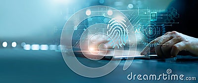 Businessman using tablet and fingerprint scanning unlock and access to business data network. Biometric identification and cyber Stock Photo