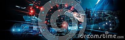 Businessman using tablet on global logistic network distribution and smart transportation and networking intelligent logistics of Stock Photo