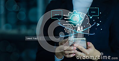 Businessman using technology smart robot AI, ChatGPT Chat concept AI, Artificial Intelligence. enter command prompt Stock Photo