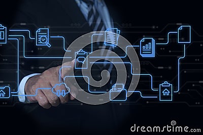 Businessman using technology smart robot AI. Database and process automation to manage files, knowledge, and documentation in the Stock Photo