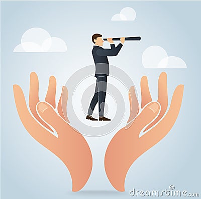 Businessman using a telescope on big hand vector, business concept Vector Illustration