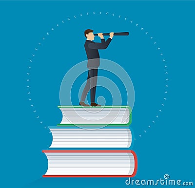 Businessman using a telescope on books icon design vector illustration, education concepts Vector Illustration