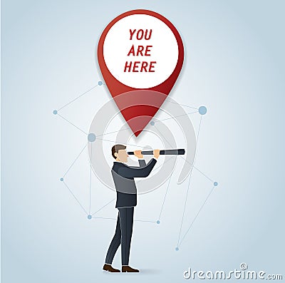 Businessman using a telescope on pin icon design vector illustration, travel concepts Vector Illustration