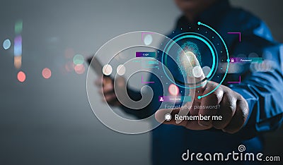 businessman using thumb to scan finger print or for access security system includes Stock Photo