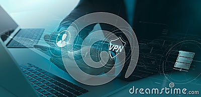 Businessman using Virtual Private Network technology on smartphone encrypted tunnel to remote server on internet Stock Photo