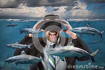 Businessman Using Virtual Reality Glasses Seeing Sharks Stock Photo
