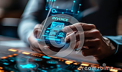 Businessman utilizing smartphone app with augmented reality interface for digital invoicing and billing solutions streamlining Stock Photo