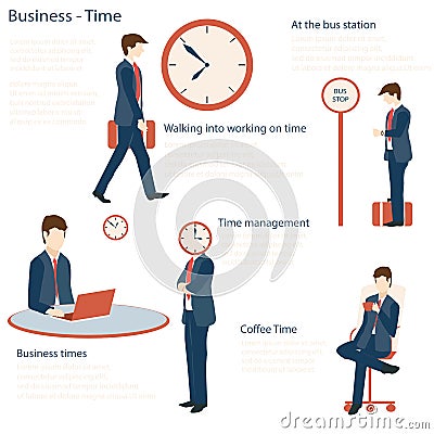 Businessman in various character with time concept. Vector Illustration