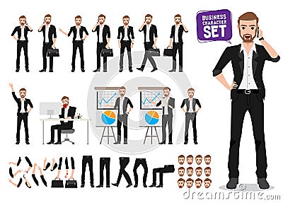 Businessman vector character set. Male business person cartoon character creation Vector Illustration