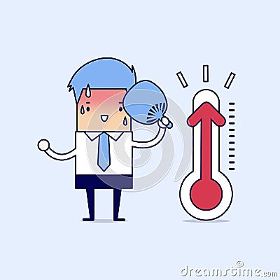 Businessman very hot because increased temperature. Cartoon character thin line style vector Vector Illustration