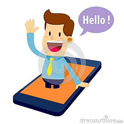 Businessman Virtual Assistant Coming Out From Mobile Phone Vector Illustration