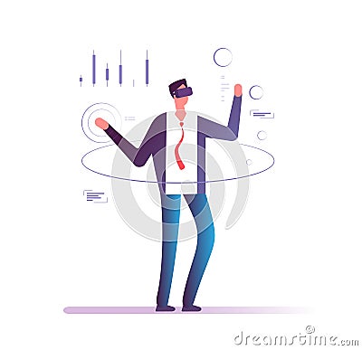 Businessman in virtual reality. Man in goggles headset interacting virtual projection of financial chart. Vr business Vector Illustration