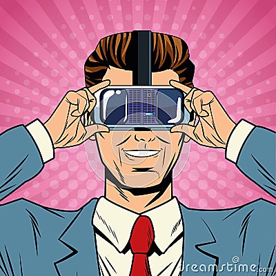 Businessman virtual reality pop art cartoon Vector Illustration