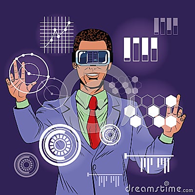 Businessman virtual reality pop art cartoon Vector Illustration