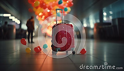 Businessman waiting, luggage in tow, for flight departure at airport generated by AI Stock Photo