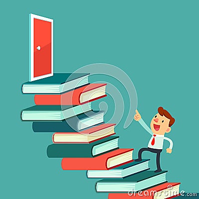 Businessman walk on books to the door Vector Illustration